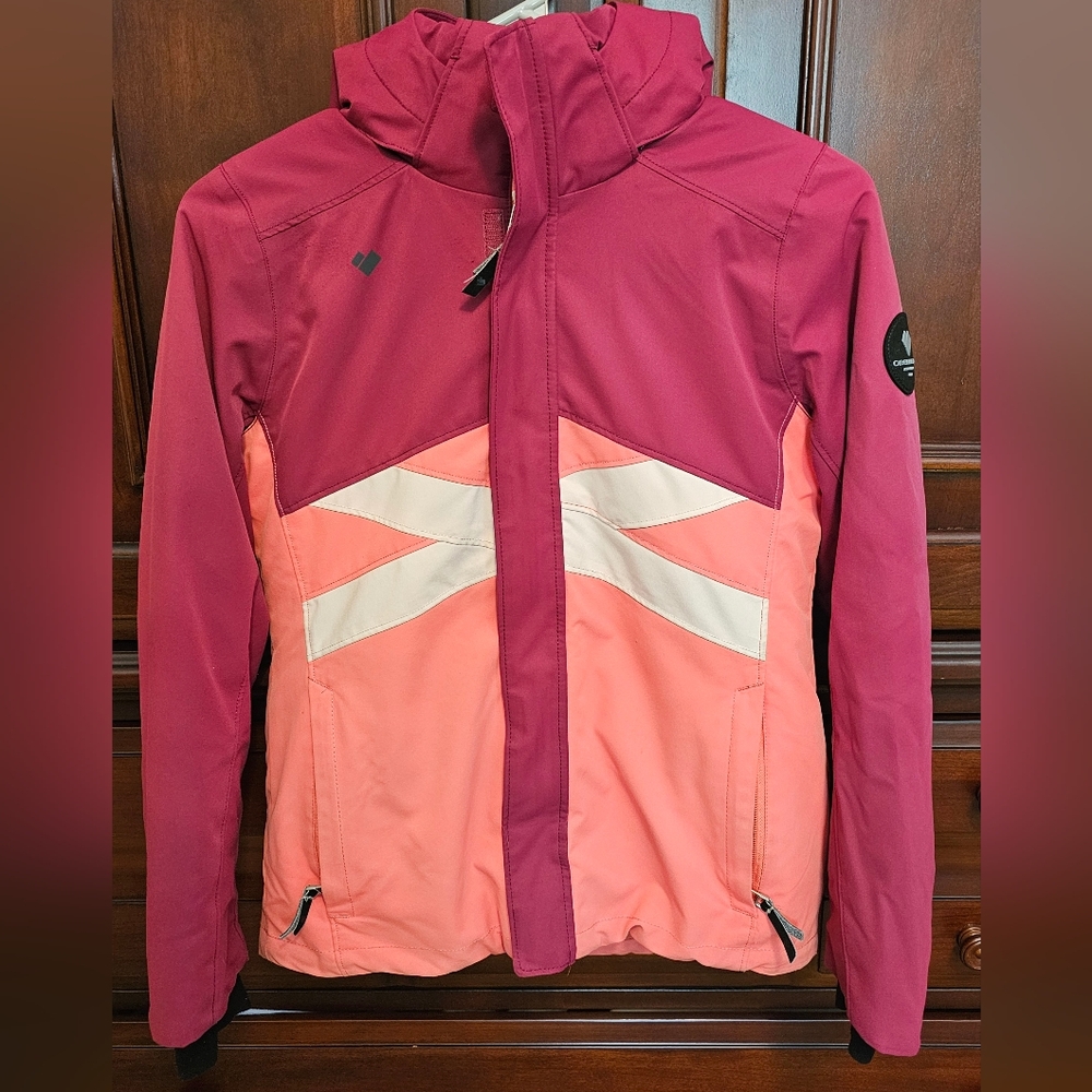 Obermeyer Girls Size 10/12 - Coral, Cream and Burgundy Jacket.